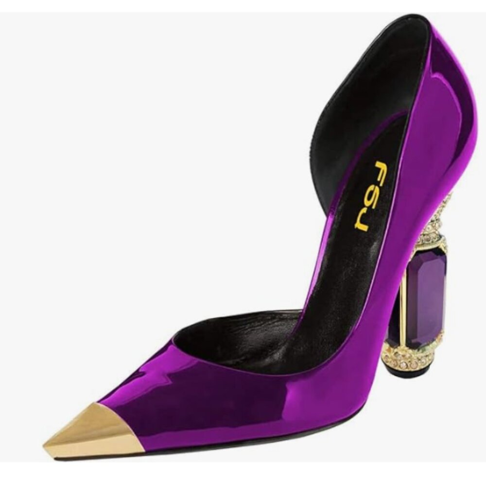 FSJ Purple Bridal Pointed Toe Chunky High Heel Crystal Pump Slip on Wedding Shoe